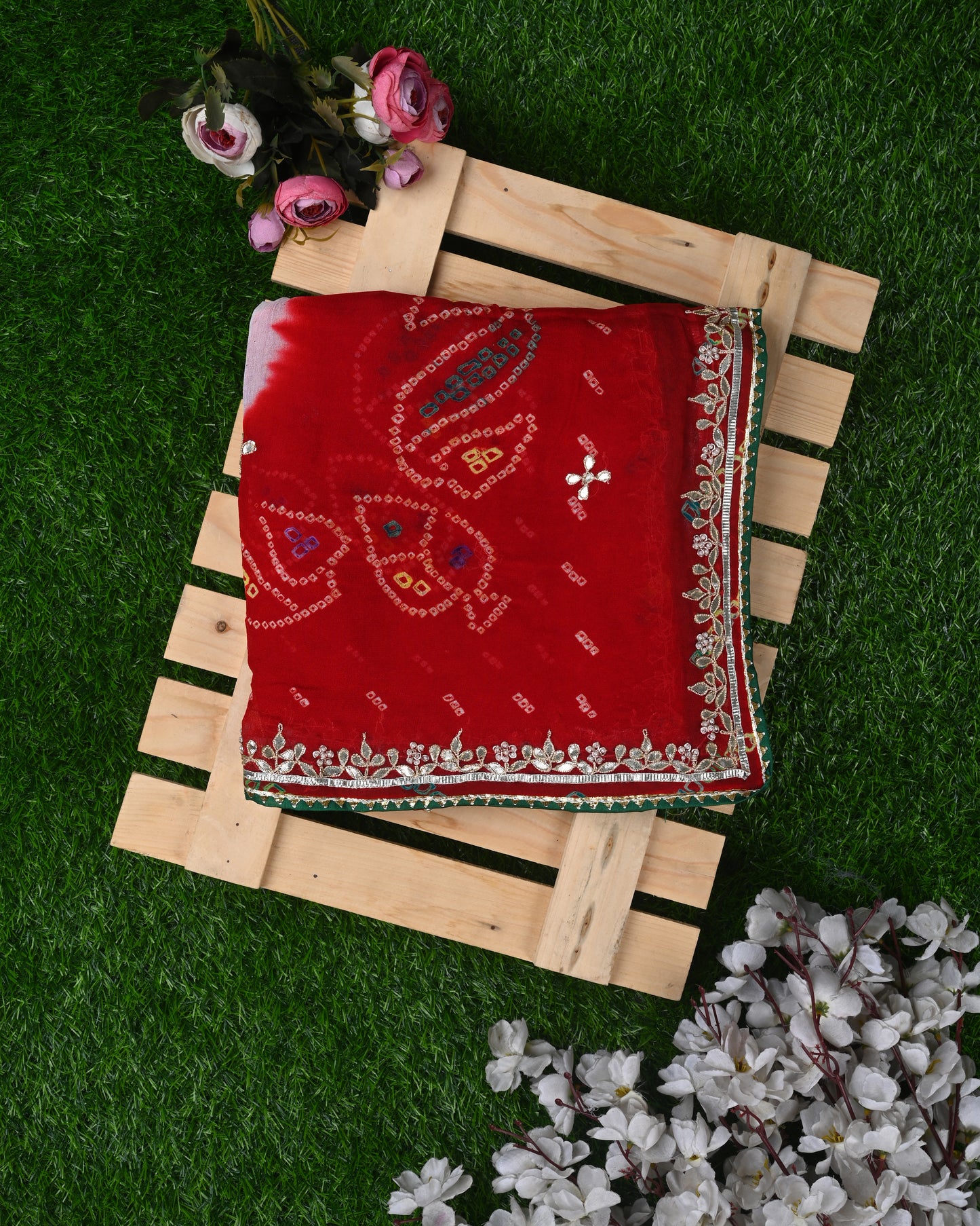 Red Bandhani Embroidered Dupatta with Gota Patti Borders