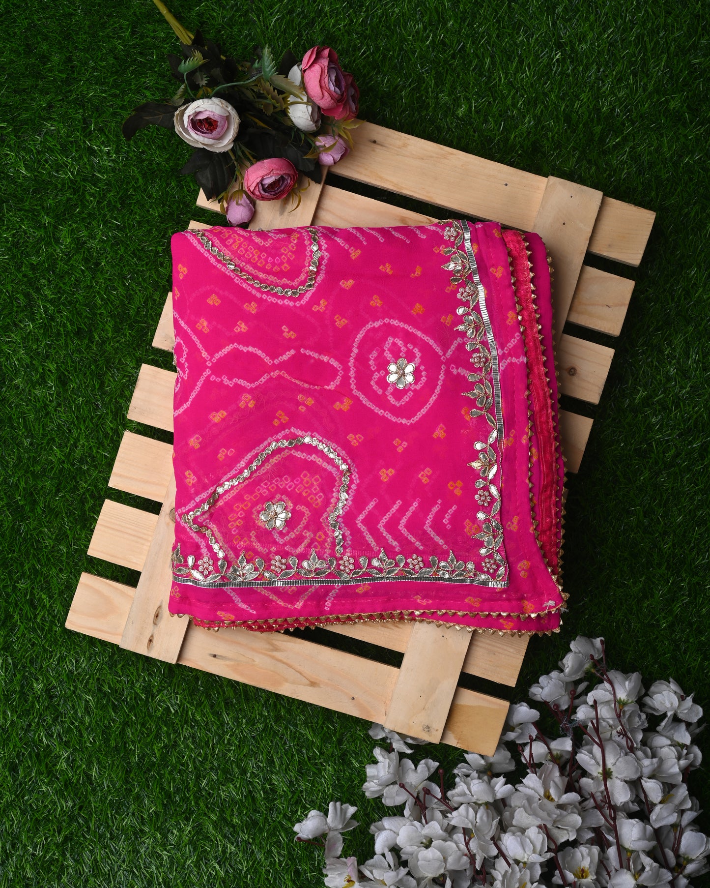 Blush Pink Bandhani Dupatta with Heart Motif Embroidery