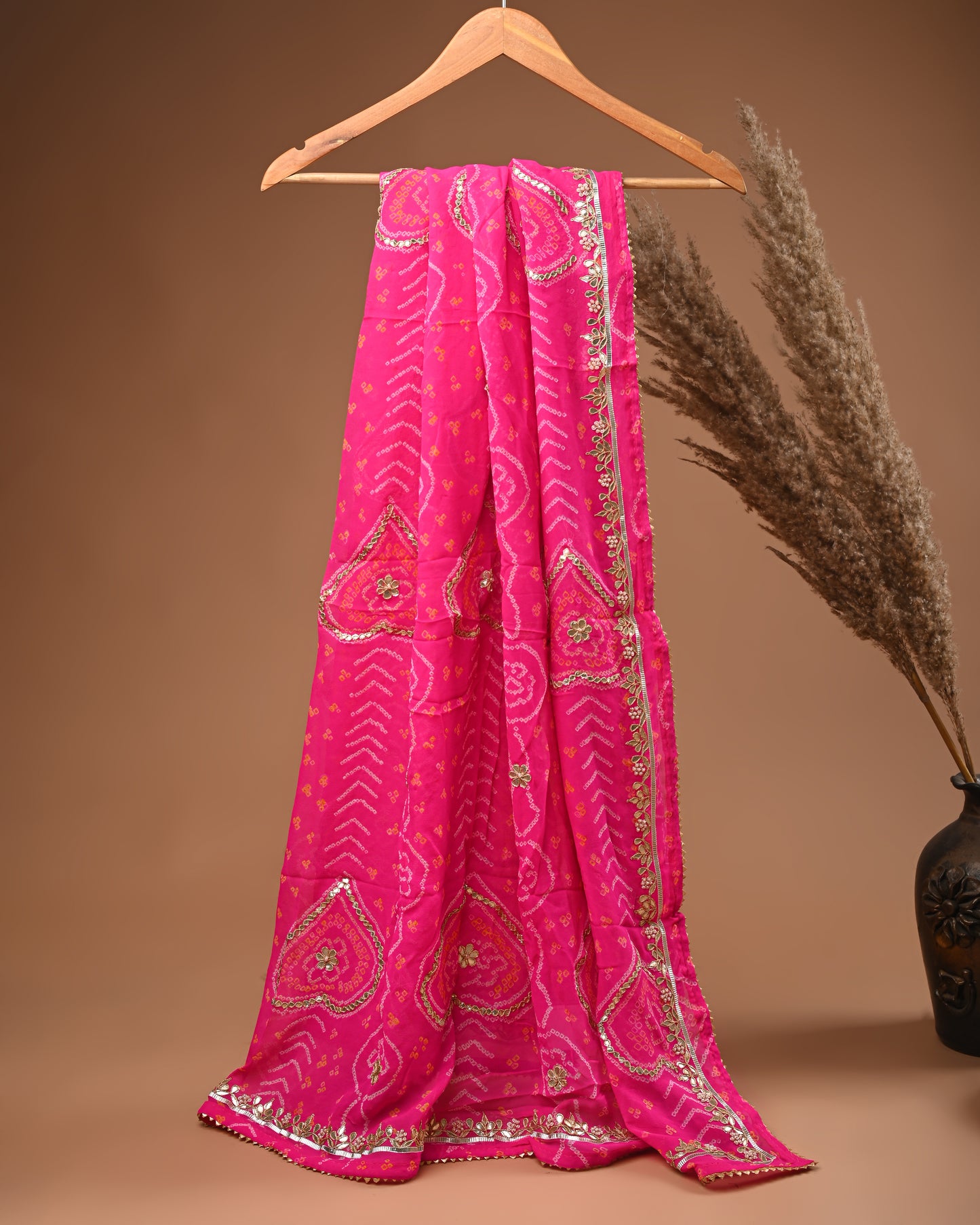 Blush Pink Bandhani Dupatta with Heart Motif Embroidery