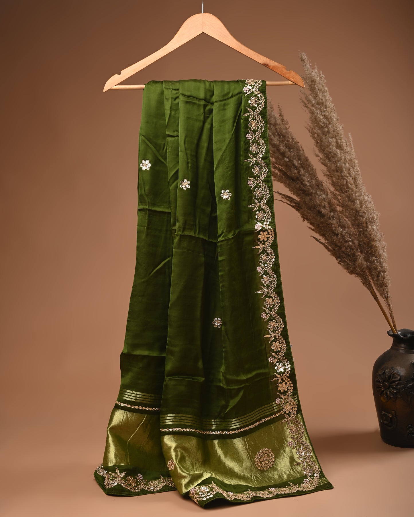 Dark Green Dupatta with Intricate Zari Embroidery